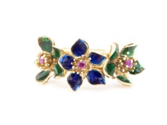 14K Gold Vintage Ring with Blue Green Enamel Flowers with Ruby Center R6734
