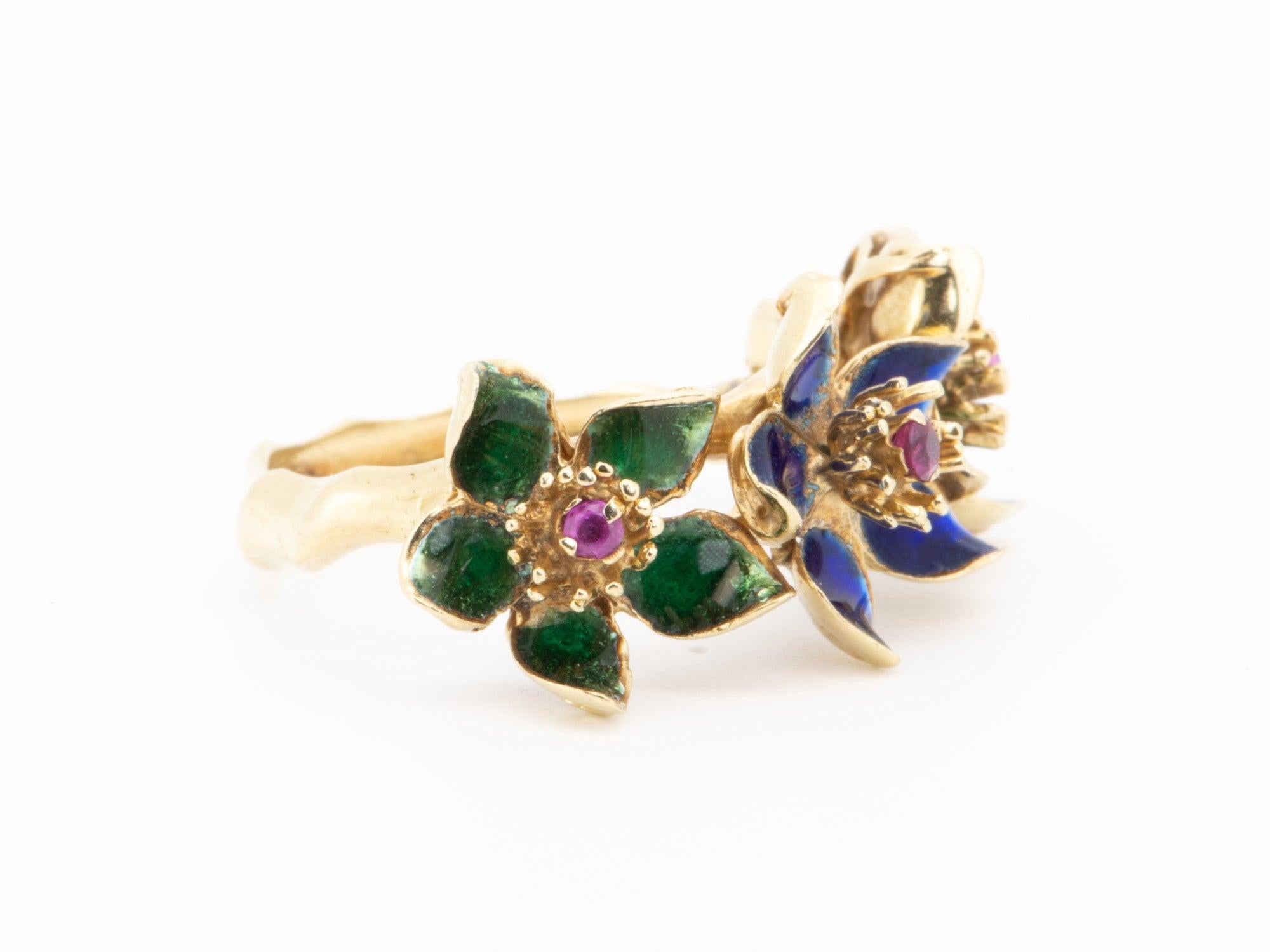 Uncut 14K Gold Vintage Ring with Blue Green Enamel Flowers with Ruby Center R6734 For Sale
