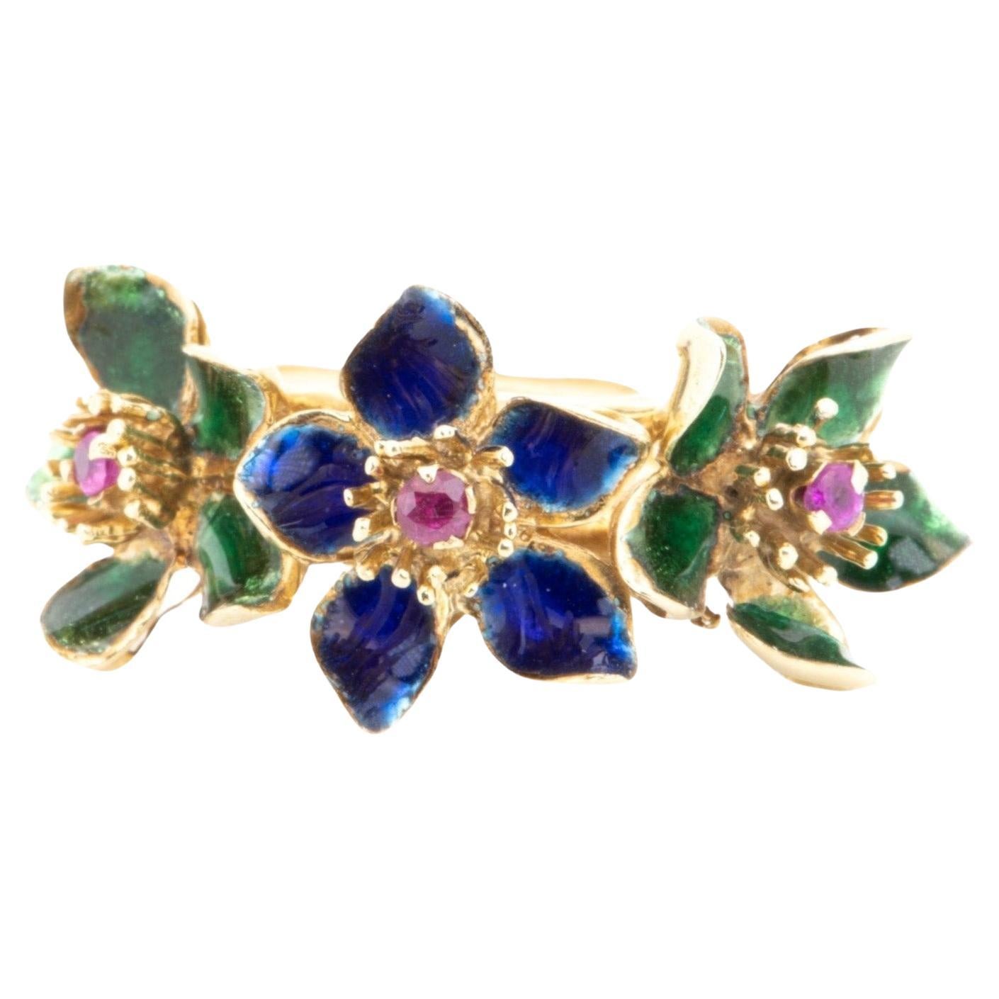 14K Gold Vintage Ring with Blue Green Enamel Flowers with Ruby Center R6734 For Sale