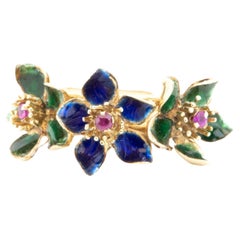 14K Gold Vintage Ring with Blue Green Enamel Flowers with Ruby Center R6734