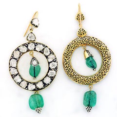 14K Gold Vintage-Style Emerald and Rose-Cut Diamond Drop Earrings