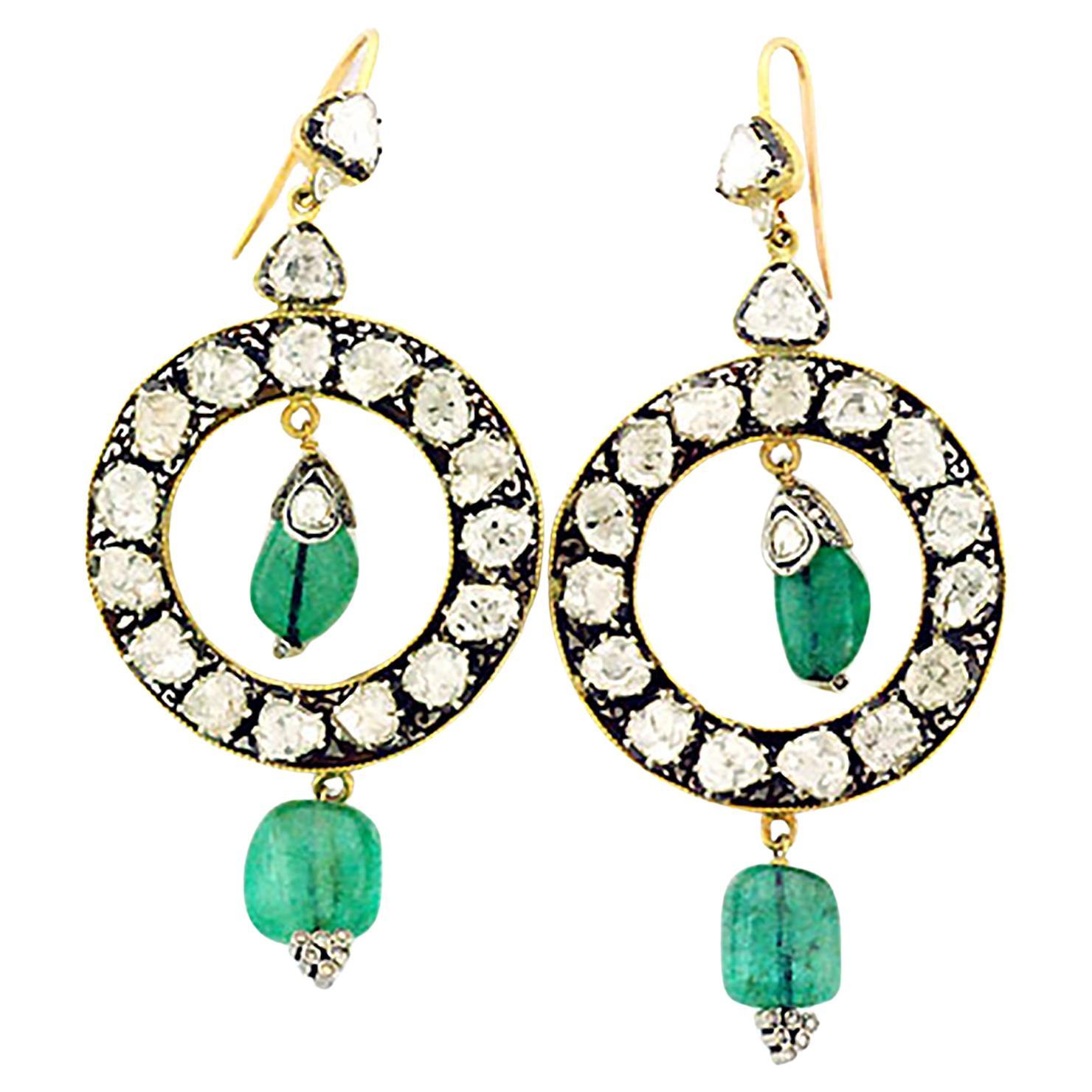 14K Gold Vintage-Style Emerald and Rose-Cut Diamond Drop Earrings For Sale