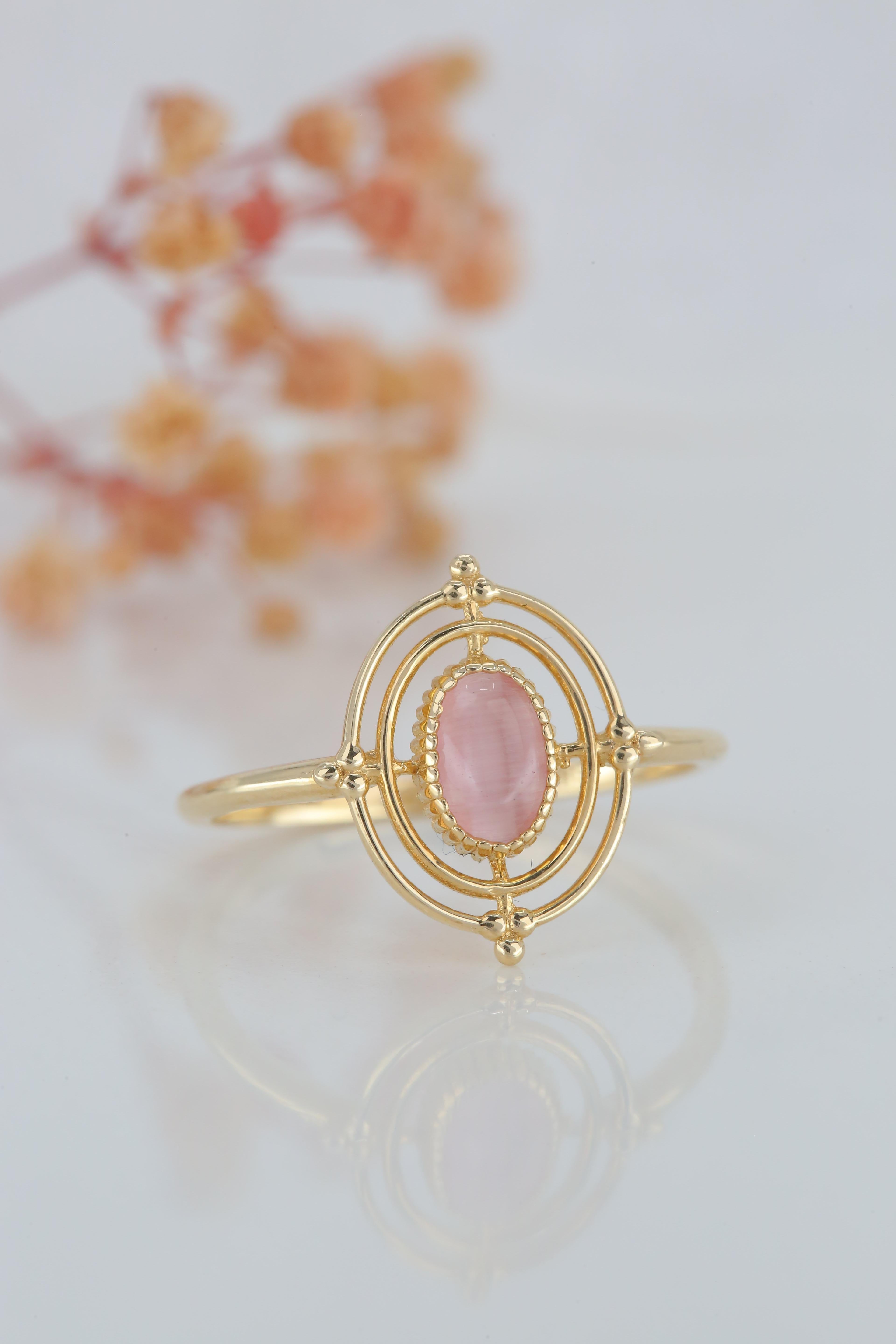 For Sale:  14K Gold Vintage Style Oval Cut Pink Quartz Ring 8