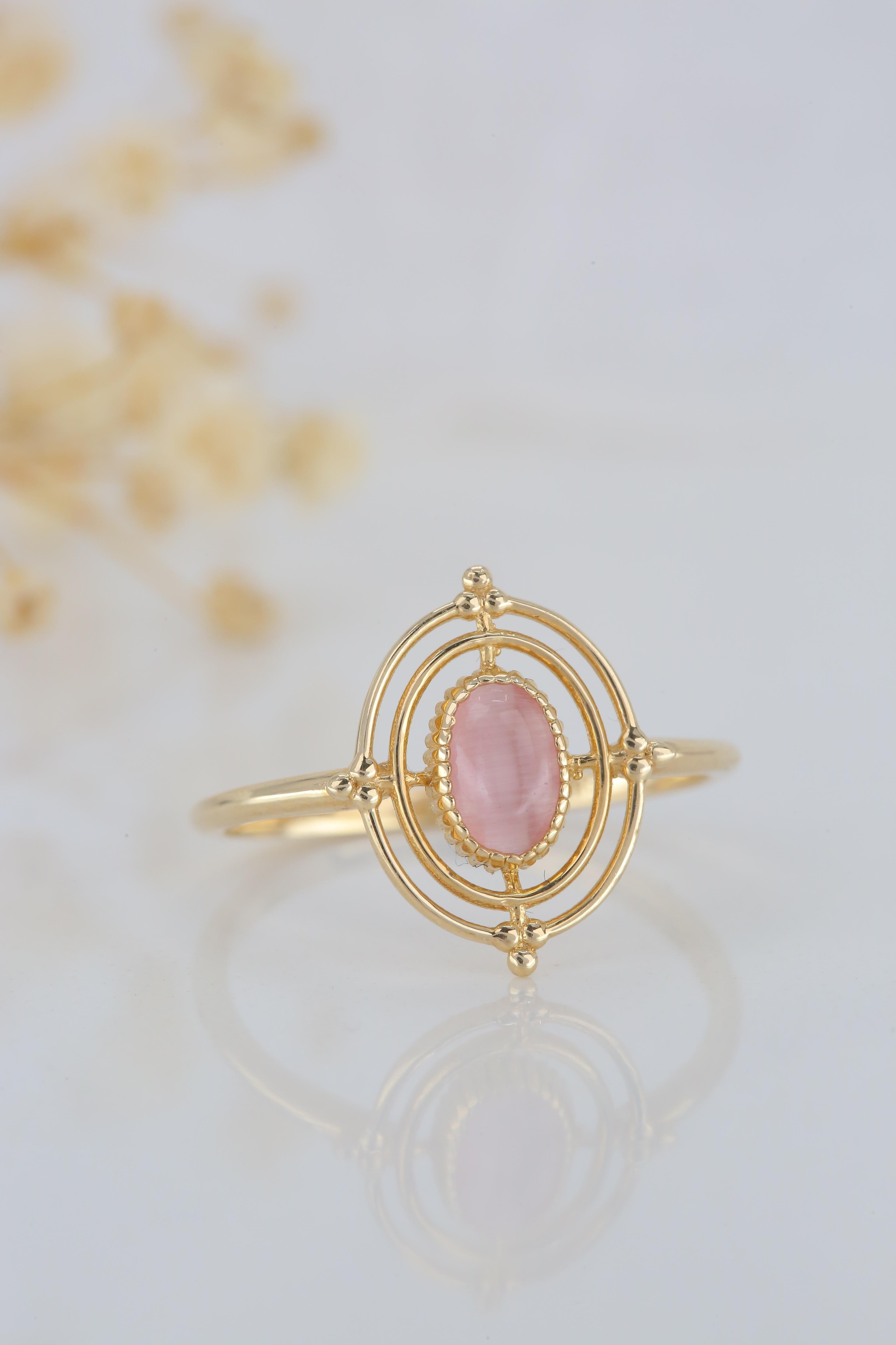 For Sale:  14K Gold Vintage Style Oval Cut Pink Quartz Ring 9