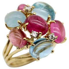 14K Gold Vintage Tutti Frutti Aquamarin Diamant Rosa Turmalin Cocktail-Ring