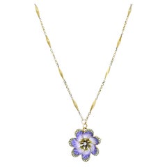 14k Gold Violet Flower Diamond Seed Pearl Pendant Brooch Necklace