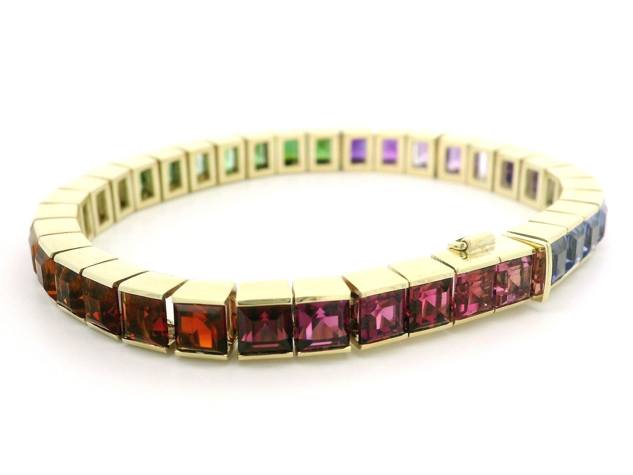 Donna Bracciale in oro 14k con gemme quadrate a gradini, multicolore e vivido. in vendita