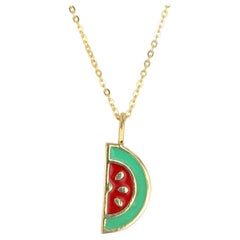 14K Gold Watermelon Necklace, Enamel Fruit Necklace