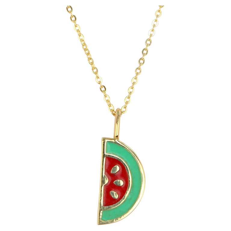 14K Gold Watermelon Necklace, Enamel Fruit Necklace For Sale at