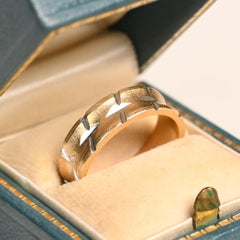 14 Karat Gold Engraved Wedding Band. Diagonal Band White & Yellow Gold 5.7mm