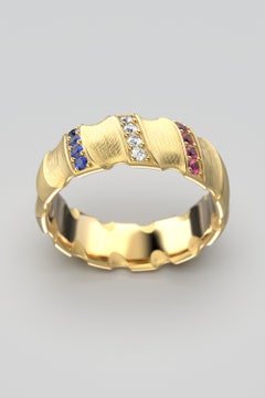 14k Gold Wedding Band Hand Engraved, Red White Blue American Patriotic Ring
