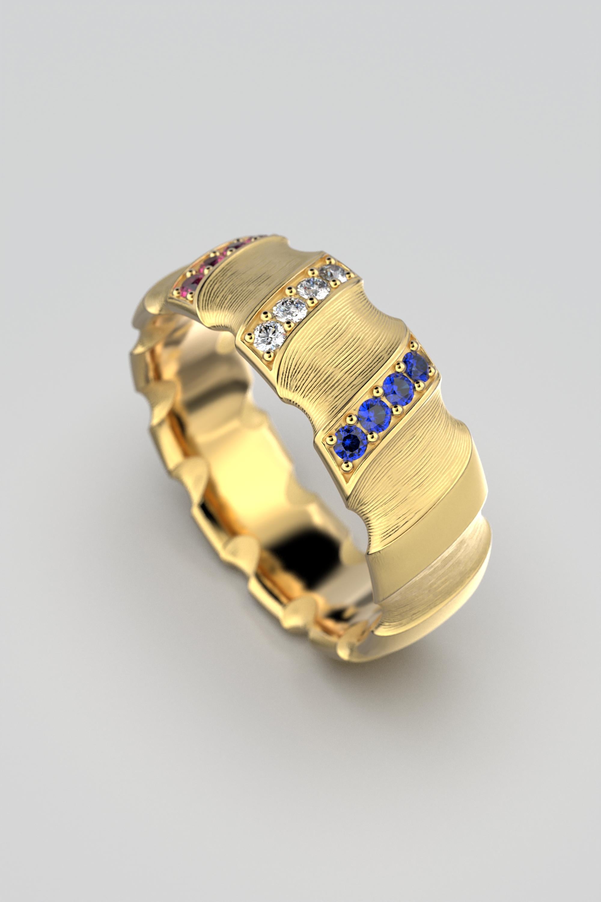 For Sale:  14k Gold Wedding Band Hand Engraved, Red White Blue American Patriotic Ring 8