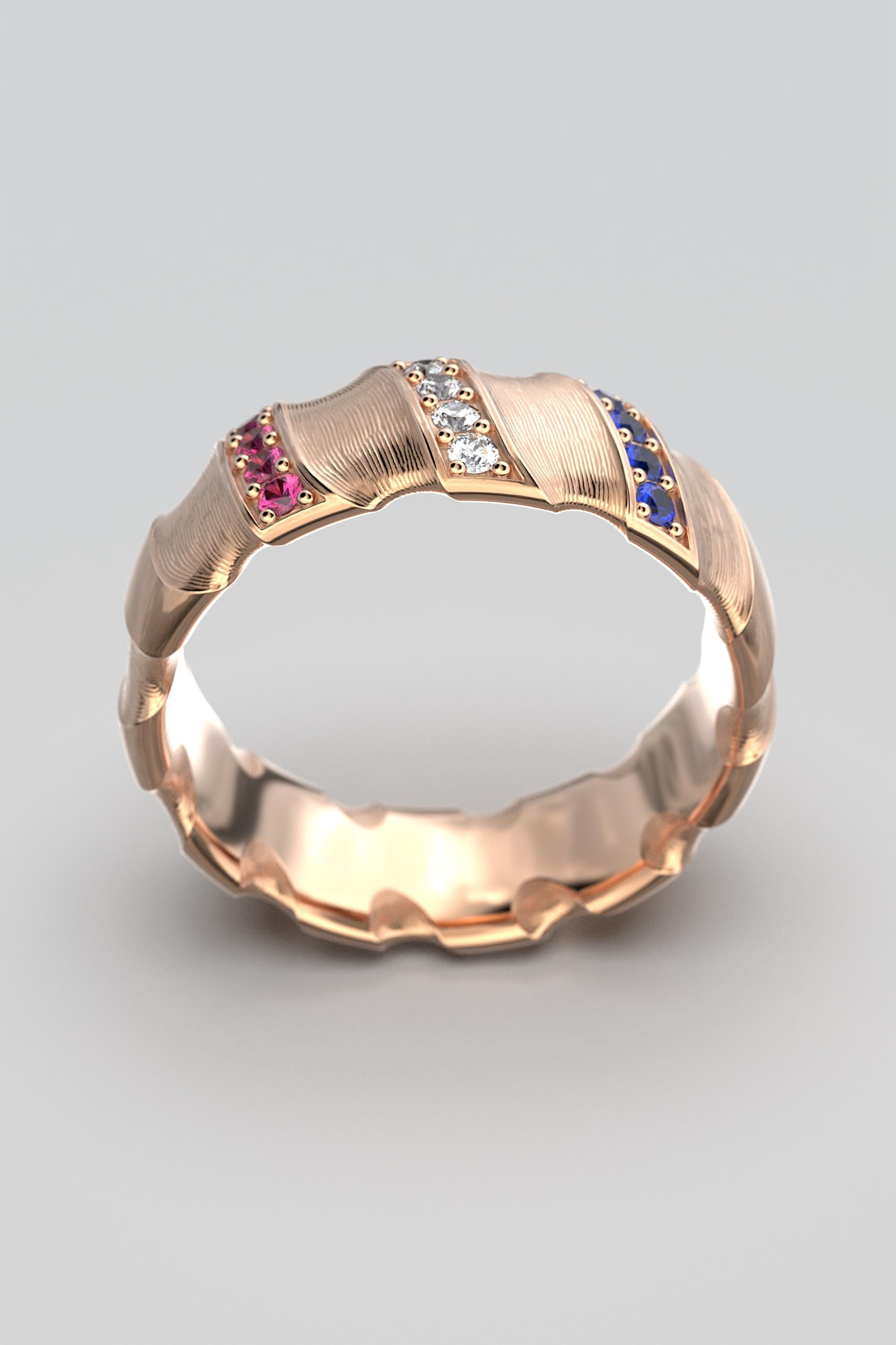 For Sale:  14k Gold Wedding Band Hand Engraved, Red White Blue American Patriotic Ring 9
