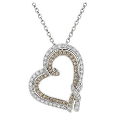 14k Gold White & Champagne Diamond Dual Row Open Heart Pendant 20" Necklace