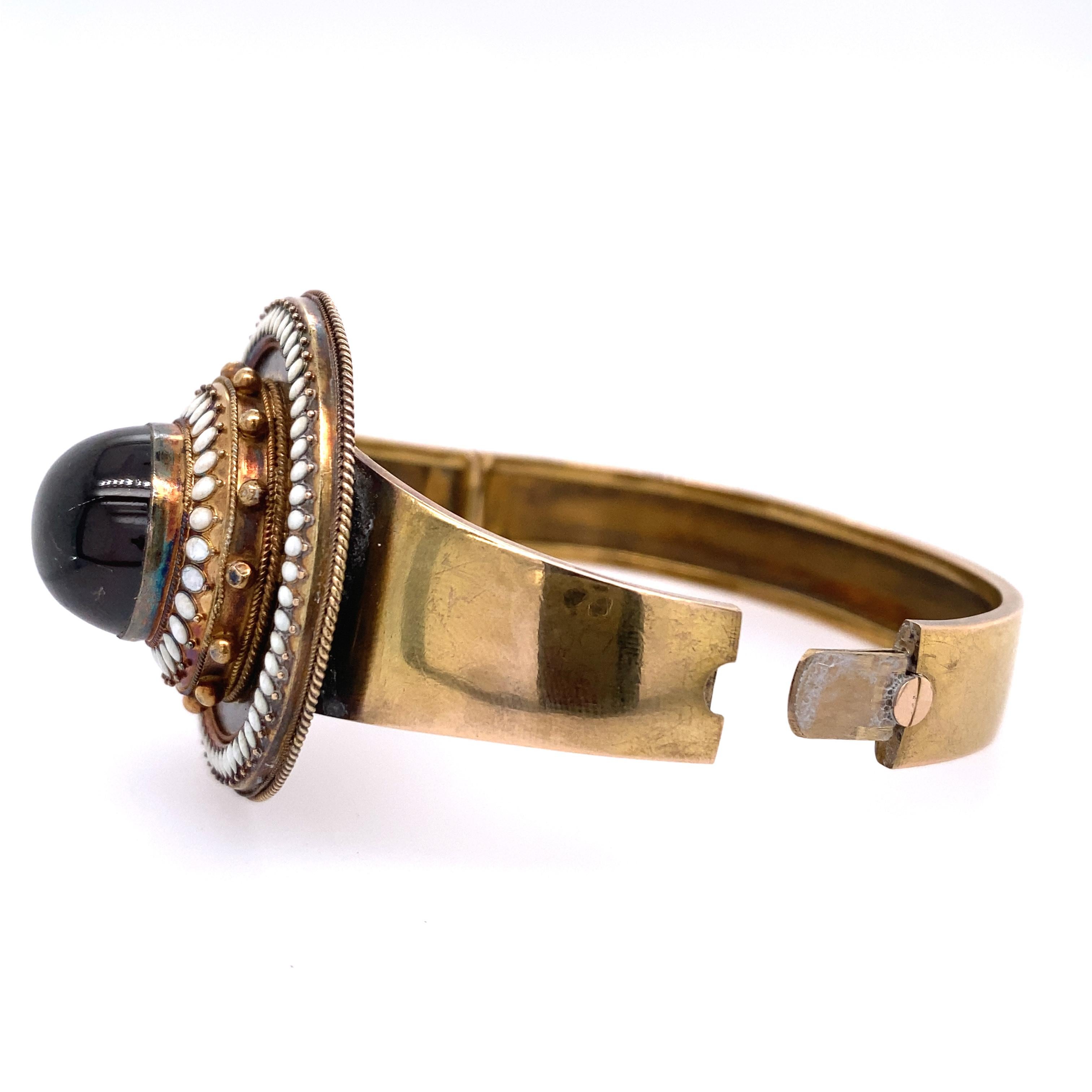 Women's 14k Gold White Enamel and Cabochon Garnet Bracelet For Sale