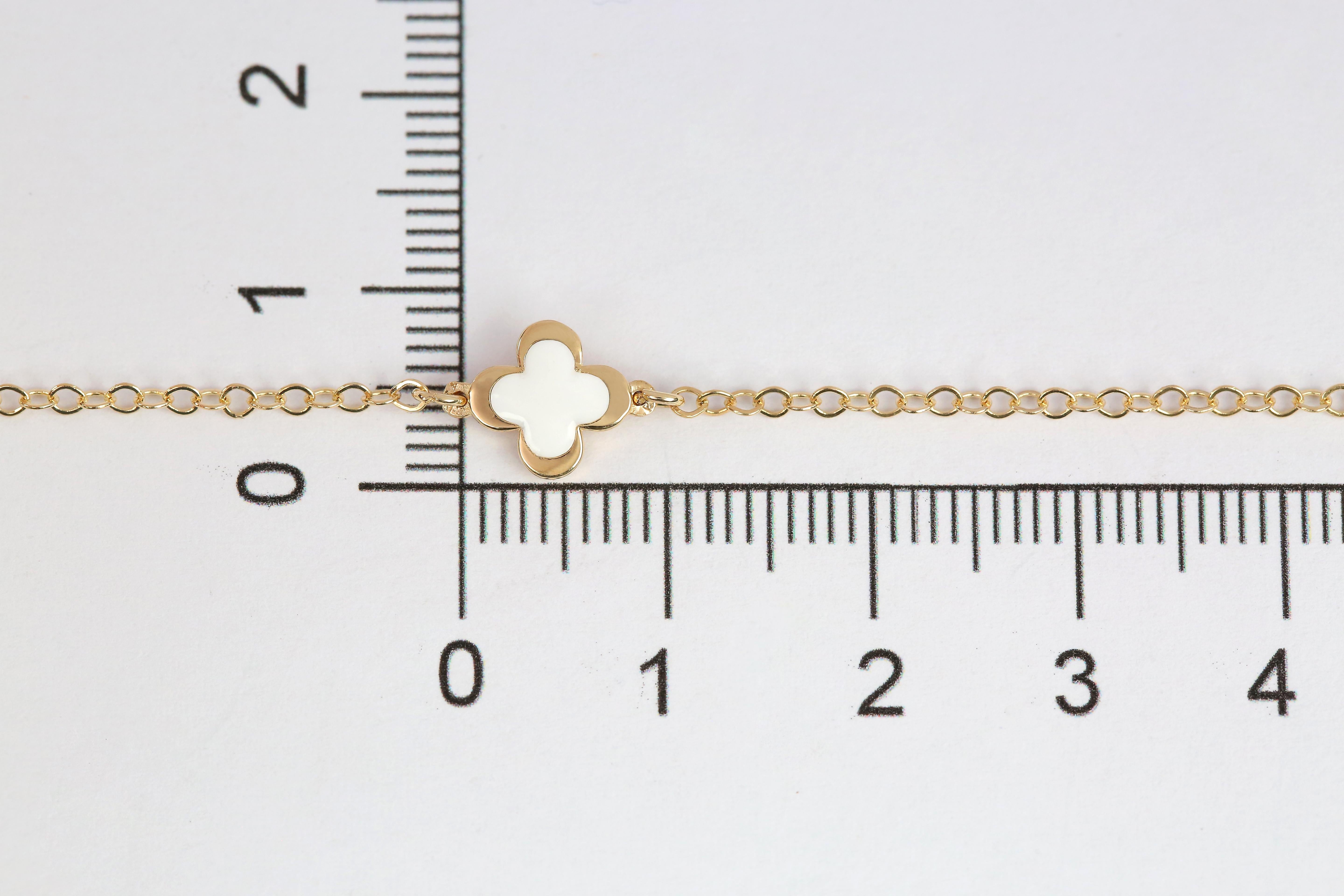 14K Gold White Enameled Clover Shaped Charm Dainty Bracelet 3