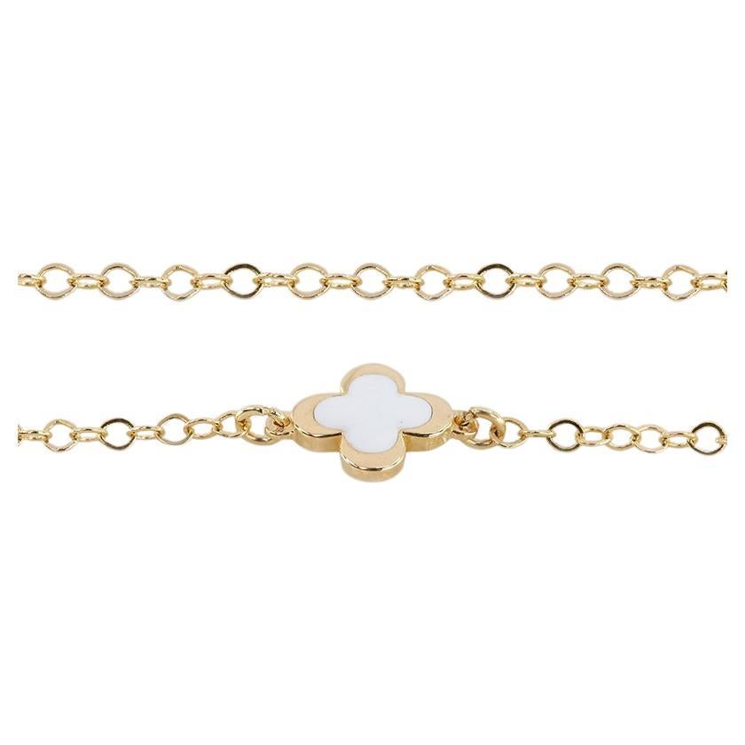 14K Gold White Enameled Clover Shaped Charm Dainty Bracelet