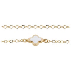 14K Gold White Enameled Clover Shaped Charm Dainty Bracelet