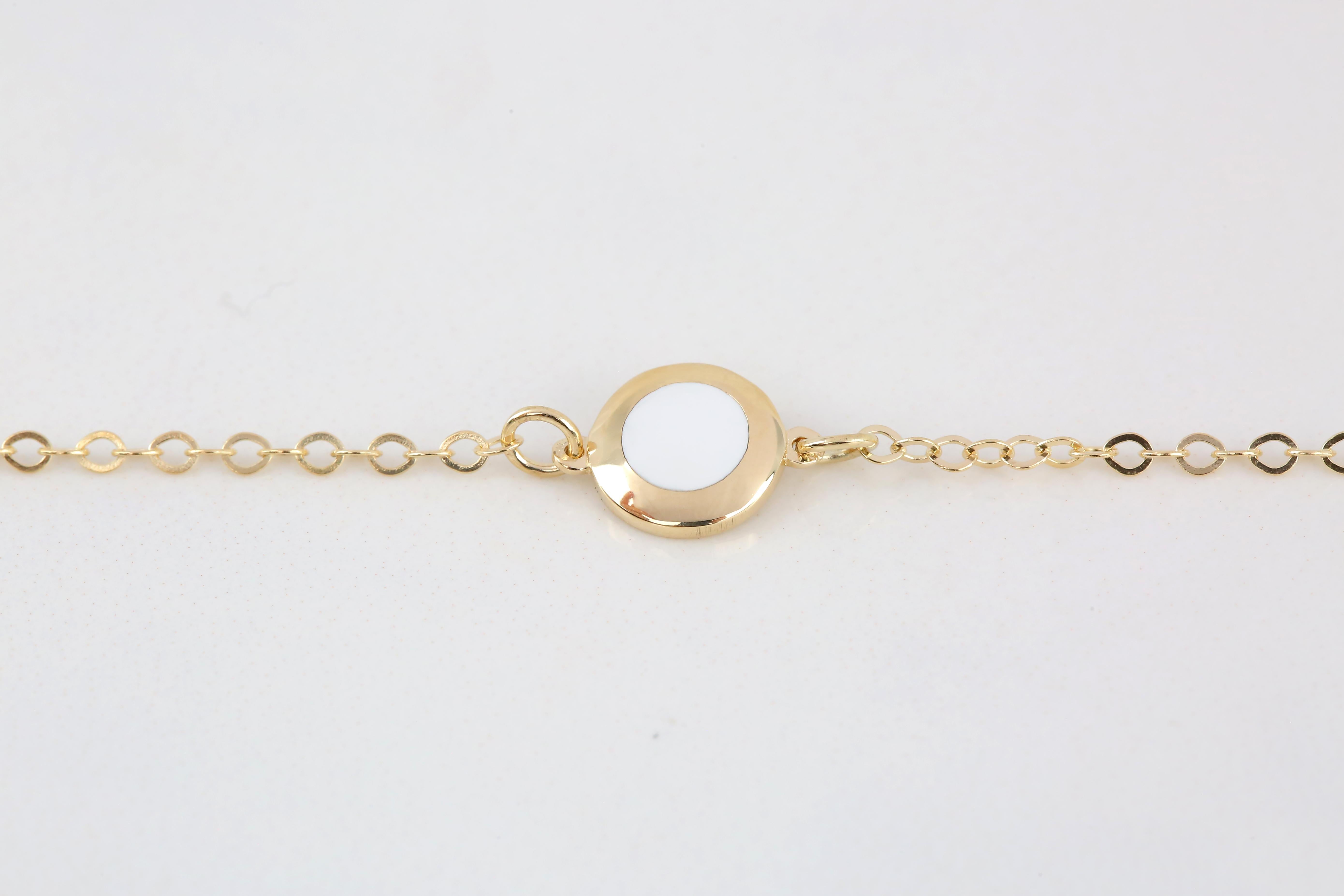 Women's 14K Gold White Enameled Round Shaped Charm Dainty Bracelet For Sale