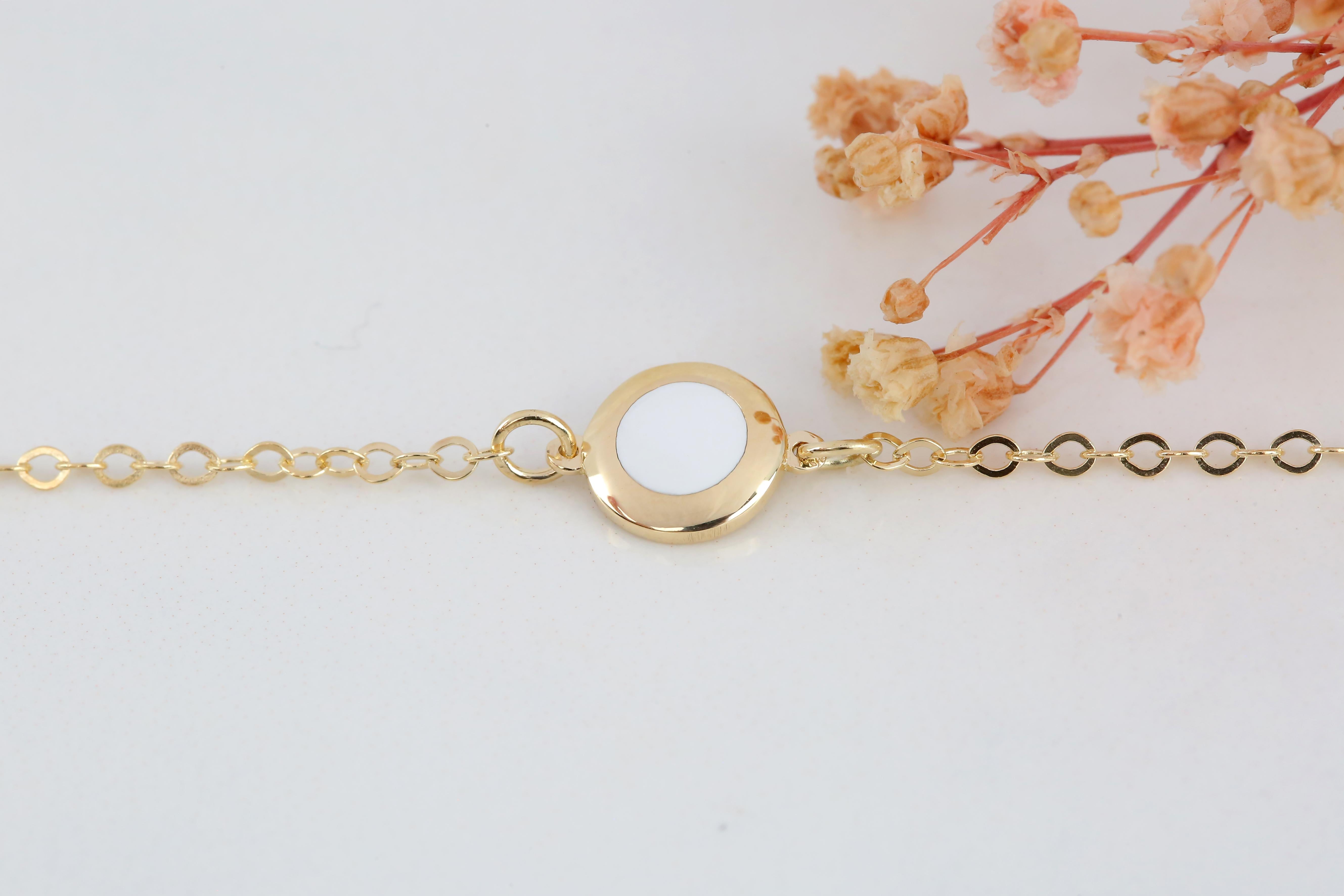14K Gold White Enameled Round Shaped Charm Dainty Bracelet For Sale 1