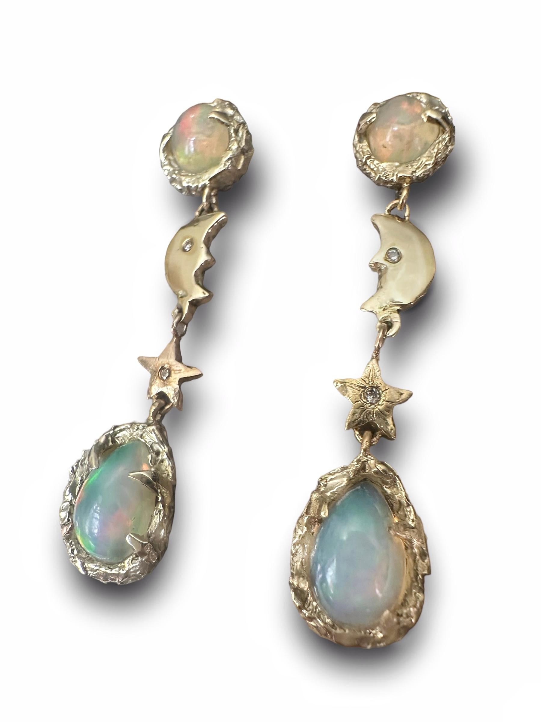 Art Deco Opal Moon and Stars Earrings with Diamonds in gold one of a kind in stock For Sale