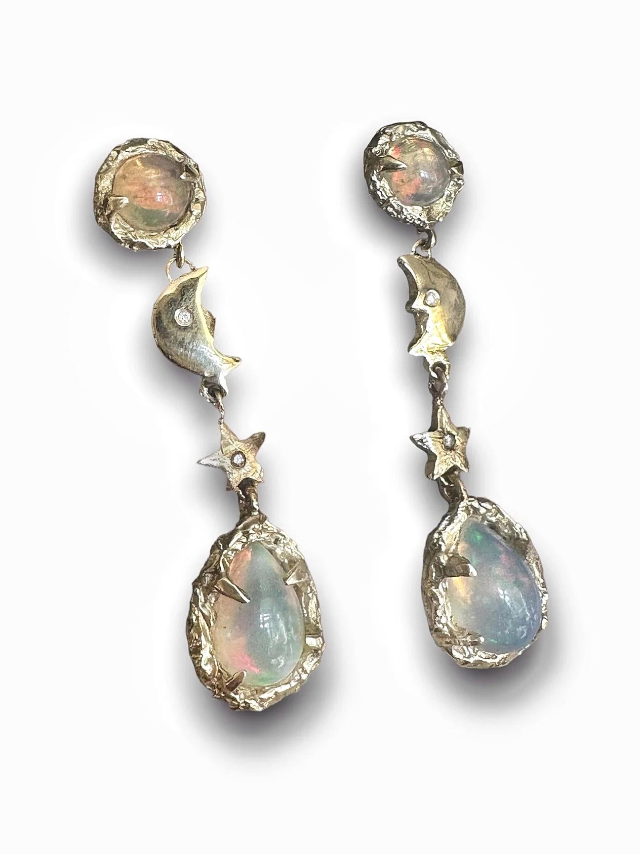Women's Opal Moon and Stars Earrings with Diamonds in gold one of a kind in stock For Sale