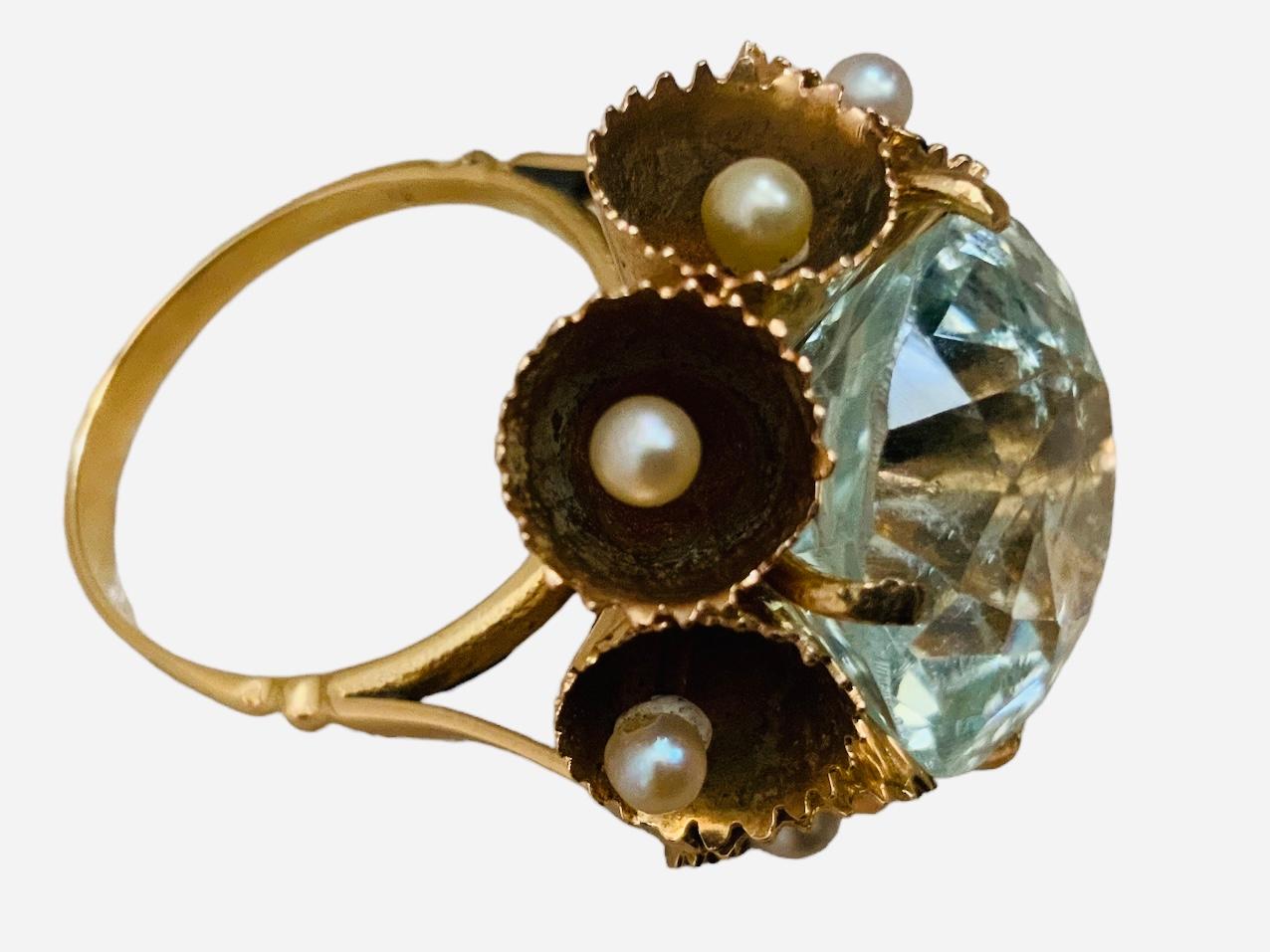 14K Gold White Sapphire And Pearls Cocktail Ring For Sale 5