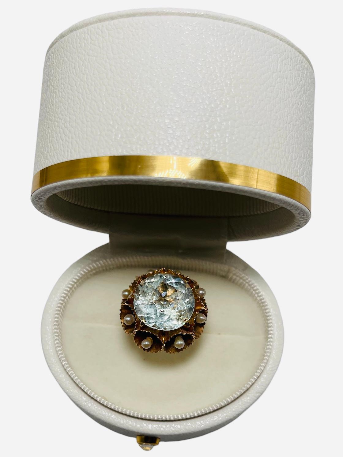 14K Gold White Sapphire And Pearls Cocktail Ring For Sale 1