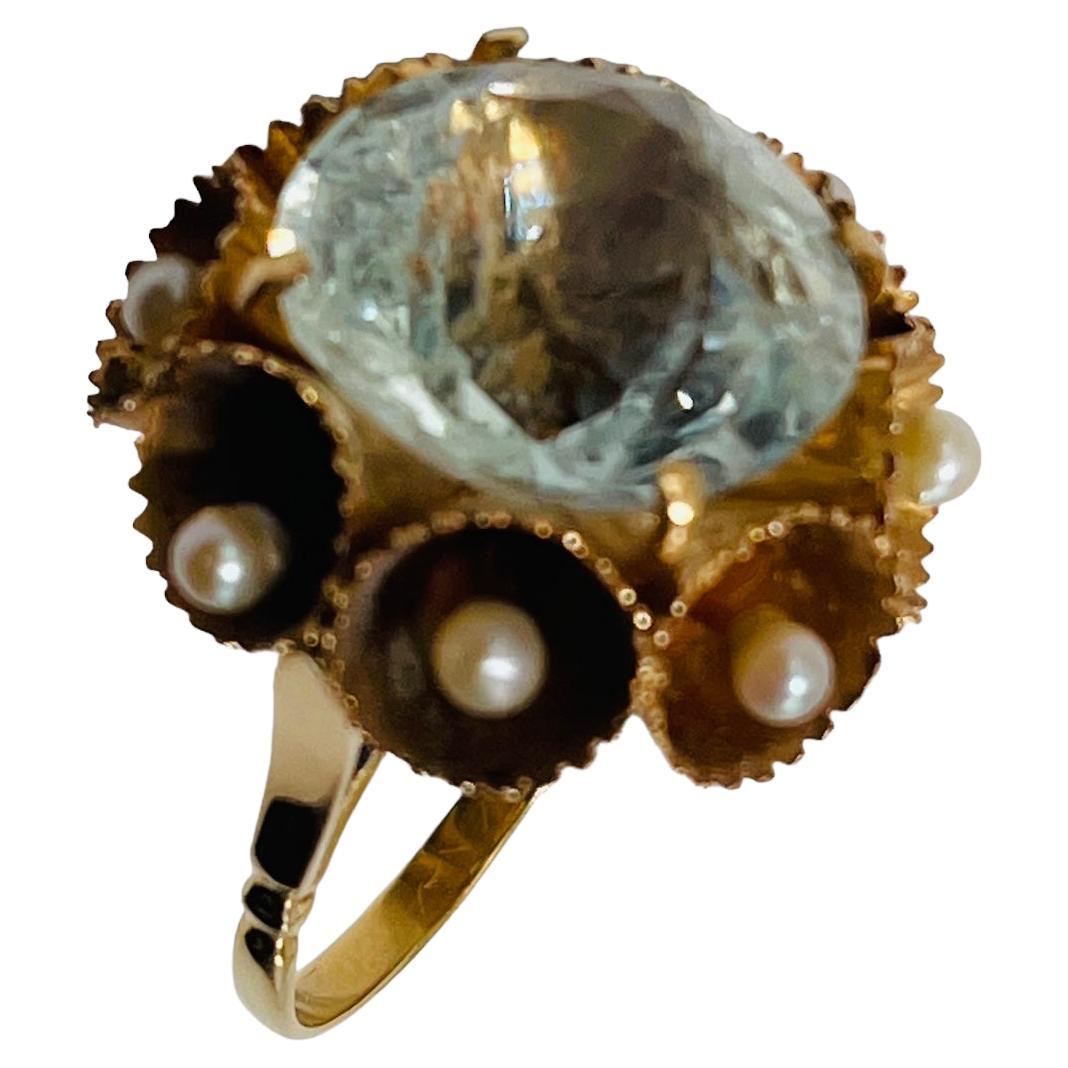 14K Gold White Sapphire And Pearls Cocktail Ring For Sale