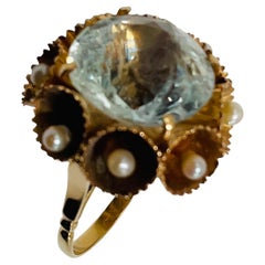 Vintage 14K Gold White Sapphire And Pearls Cocktail Ring