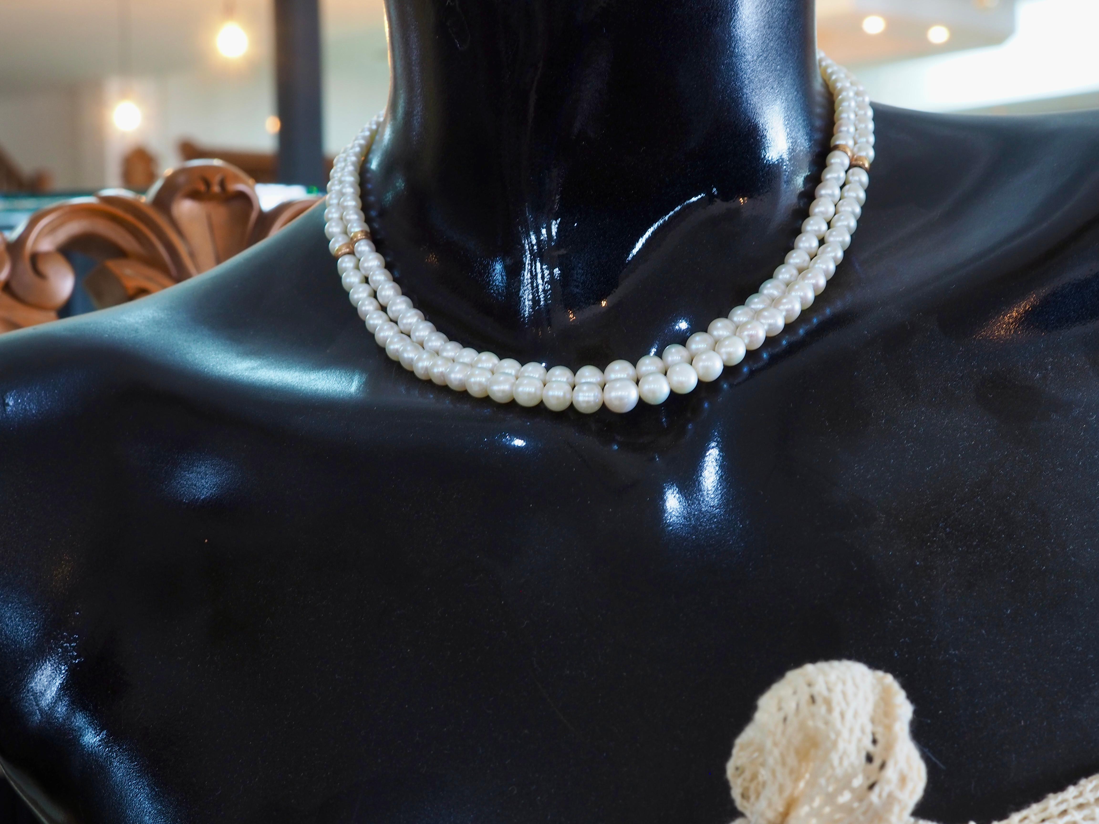 Collier à double rangs de perles de mer blanches en or 14K, 16 pouces en vente 3
