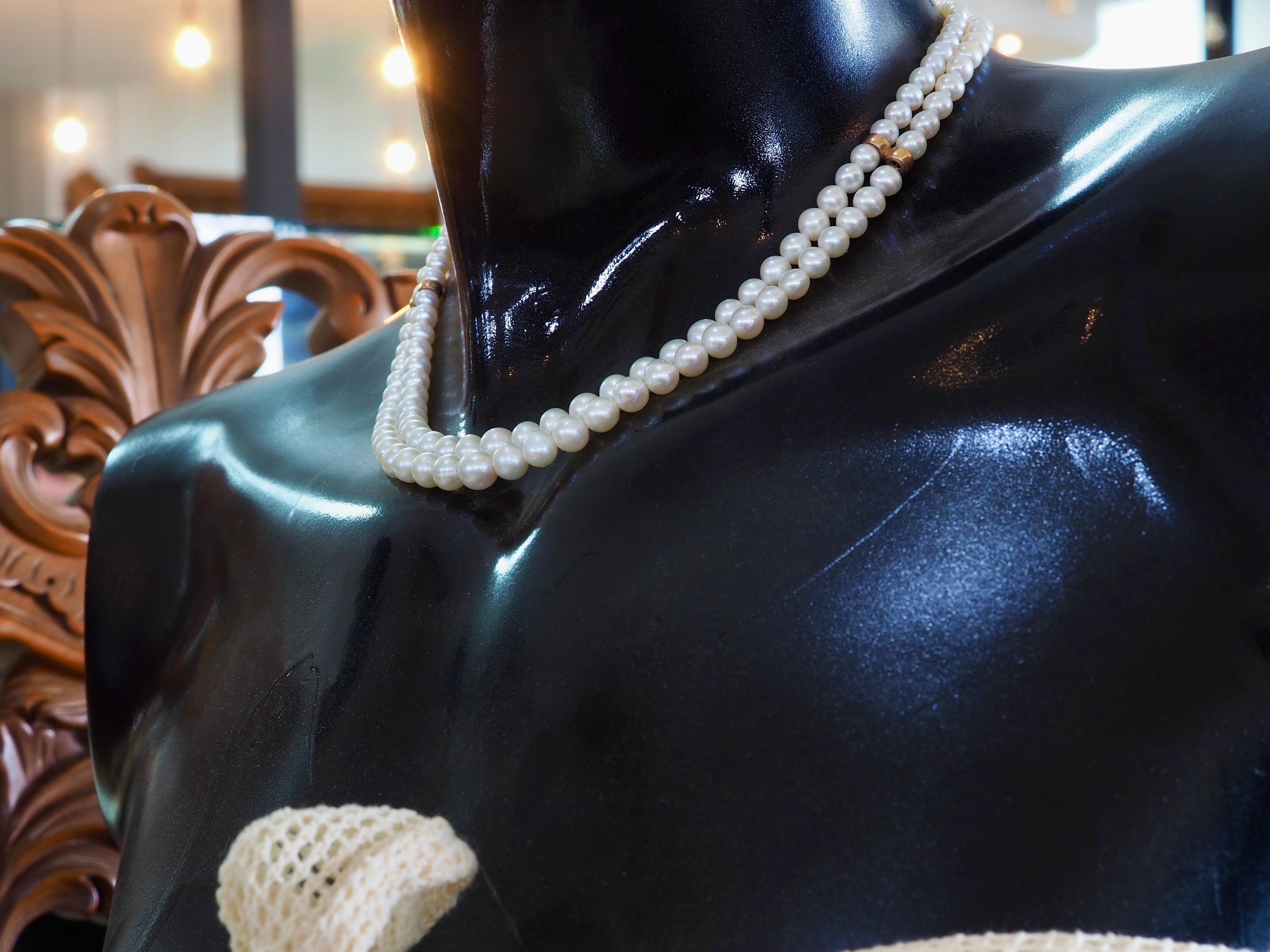 Collier à double rangs de perles de mer blanches en or 14K, 16 pouces en vente 4
