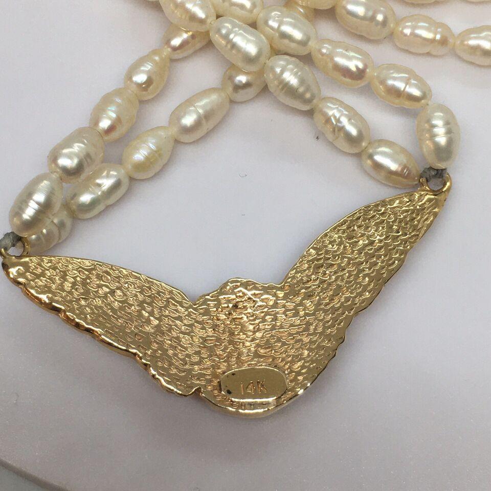 Art Nouveau 14K Gold Winged Egyptian Pharaoh Goddess Charm Pendant 19” Rice Pearl 14K Lock For Sale
