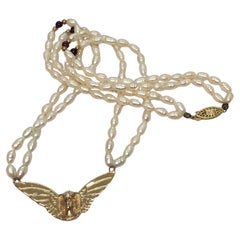 Vintage 14K Gold Winged Egyptian Pharaoh Goddess Charm Pendant 19” Rice Pearl 14K Lock
