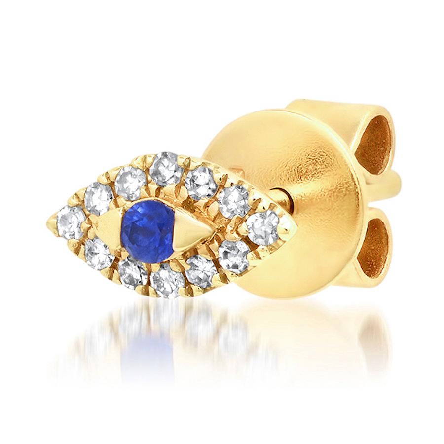 14K Gold with Diamonds and Sapphire SINGLE Evil Eye Stud Earring In New Condition For Sale In Los Angeles, CA