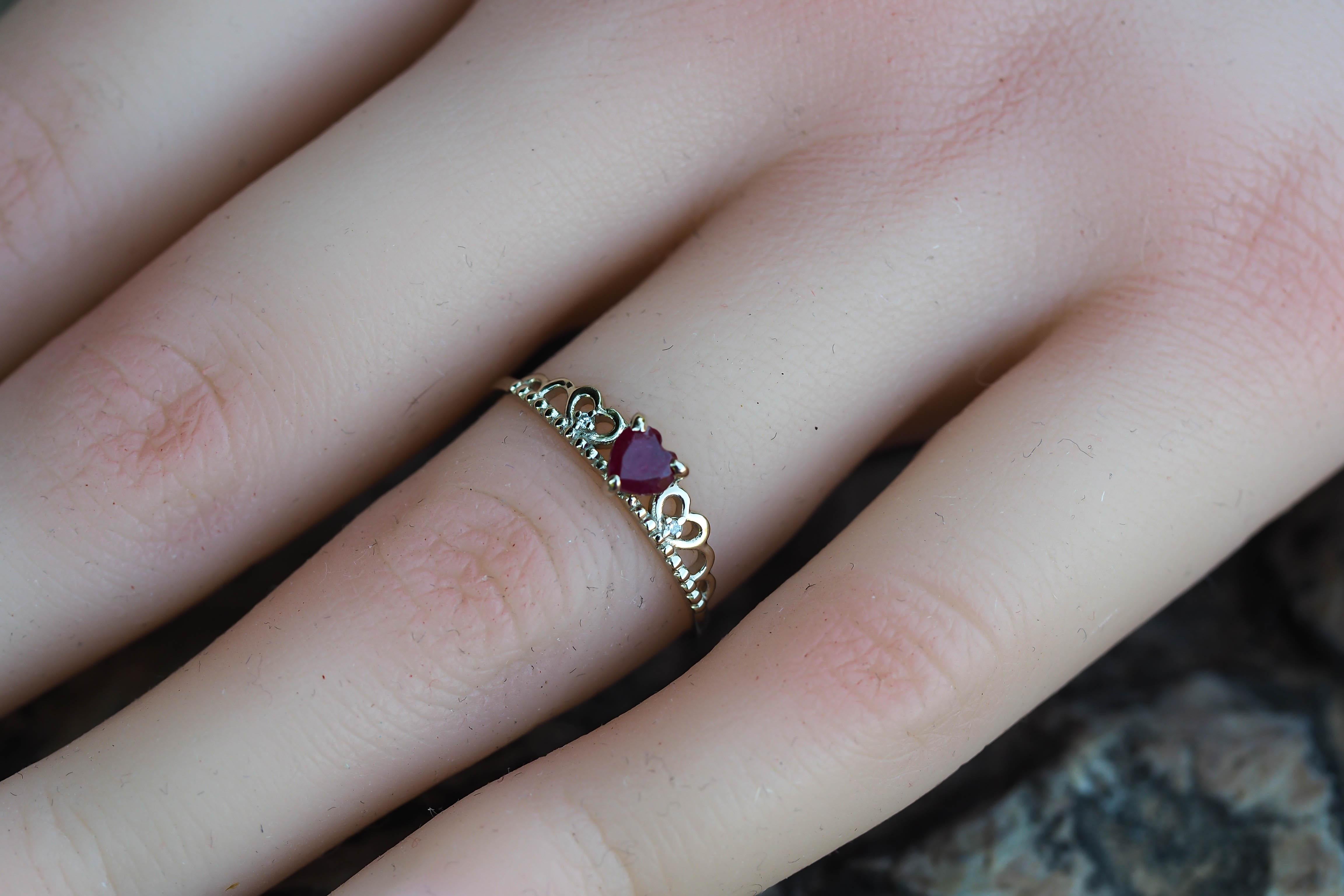 For Sale:  Heart Ruby ring in 14 karat gold, Tiara Ring.  10