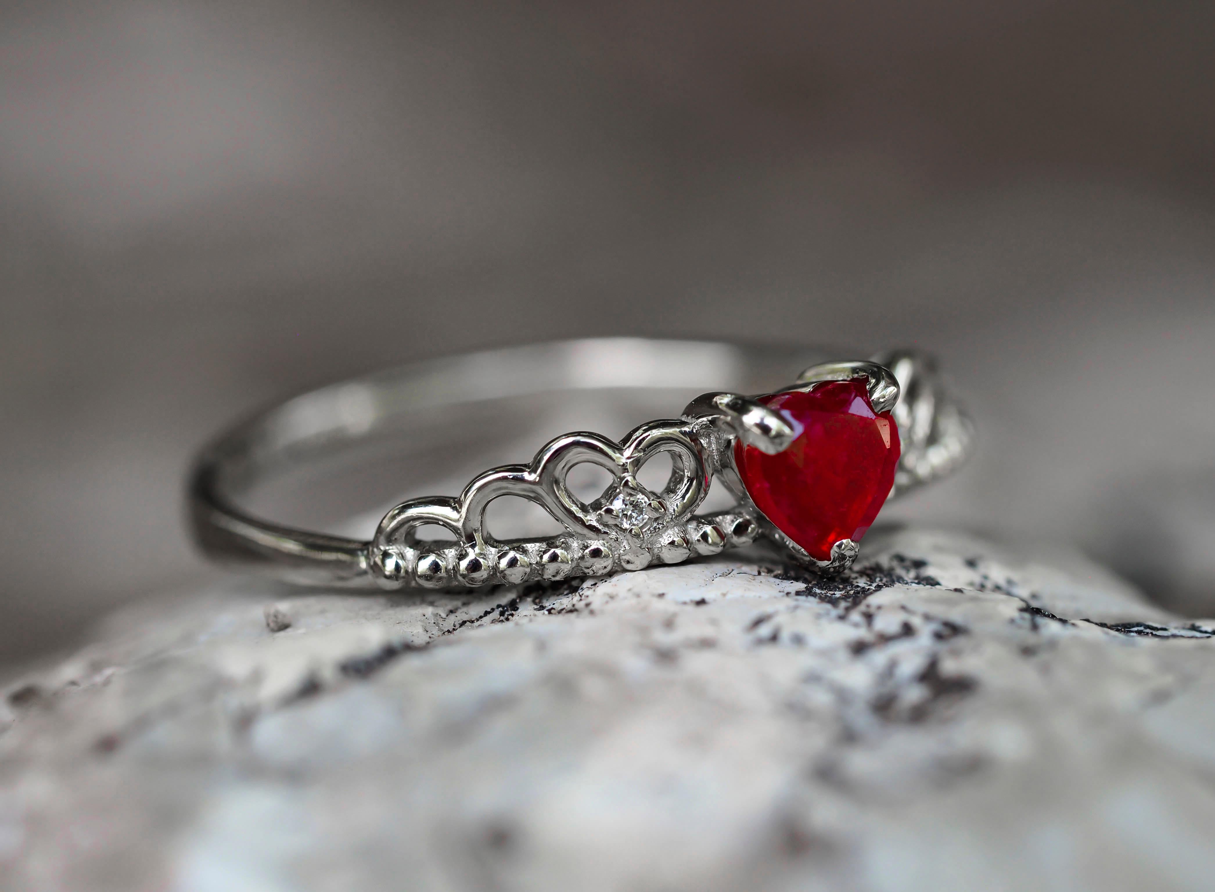 For Sale:  Heart Ruby ring in 14 karat gold, Tiara Ring.  9