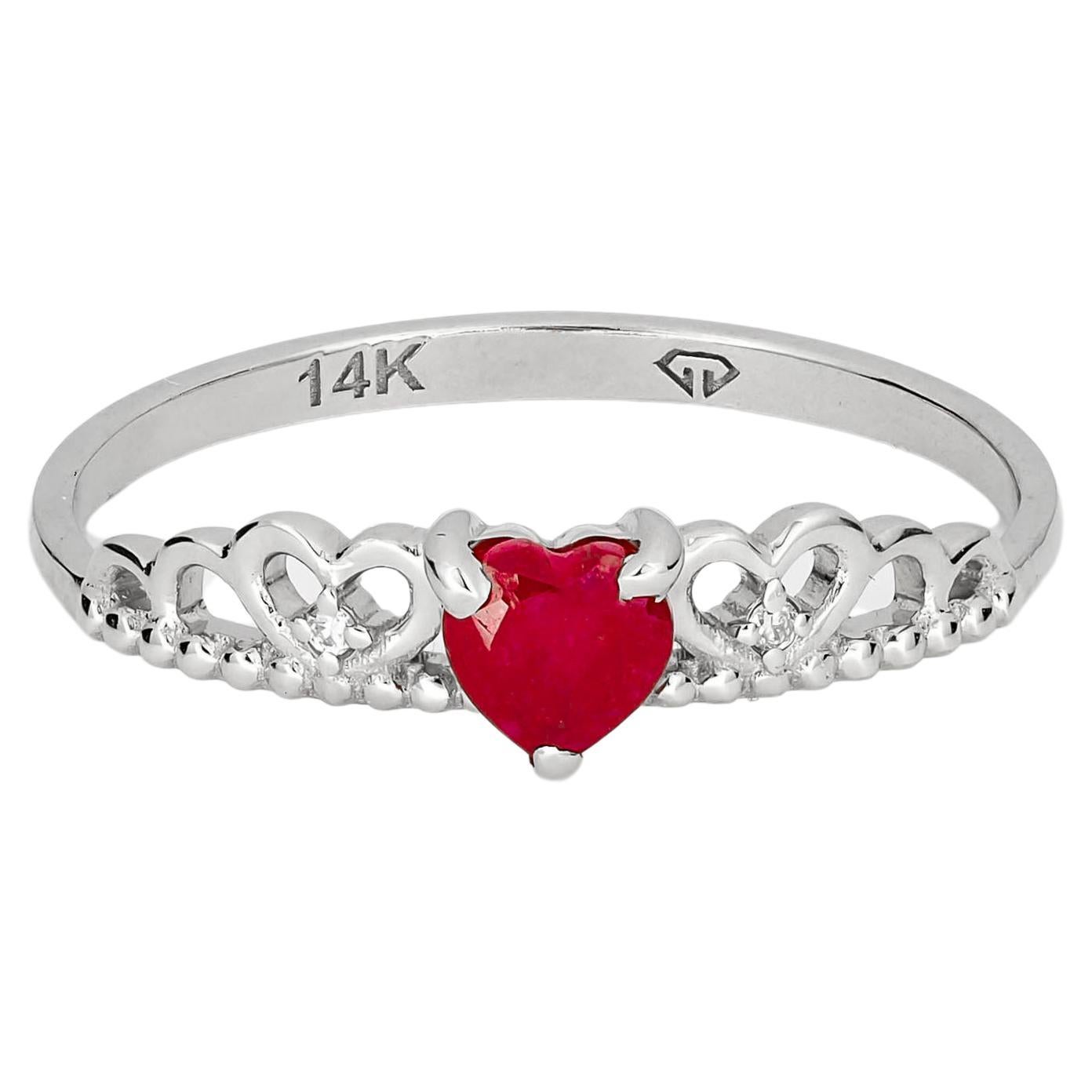 En vente :  Bague Coeur Rubis en or 14 carats, Bague diadme.