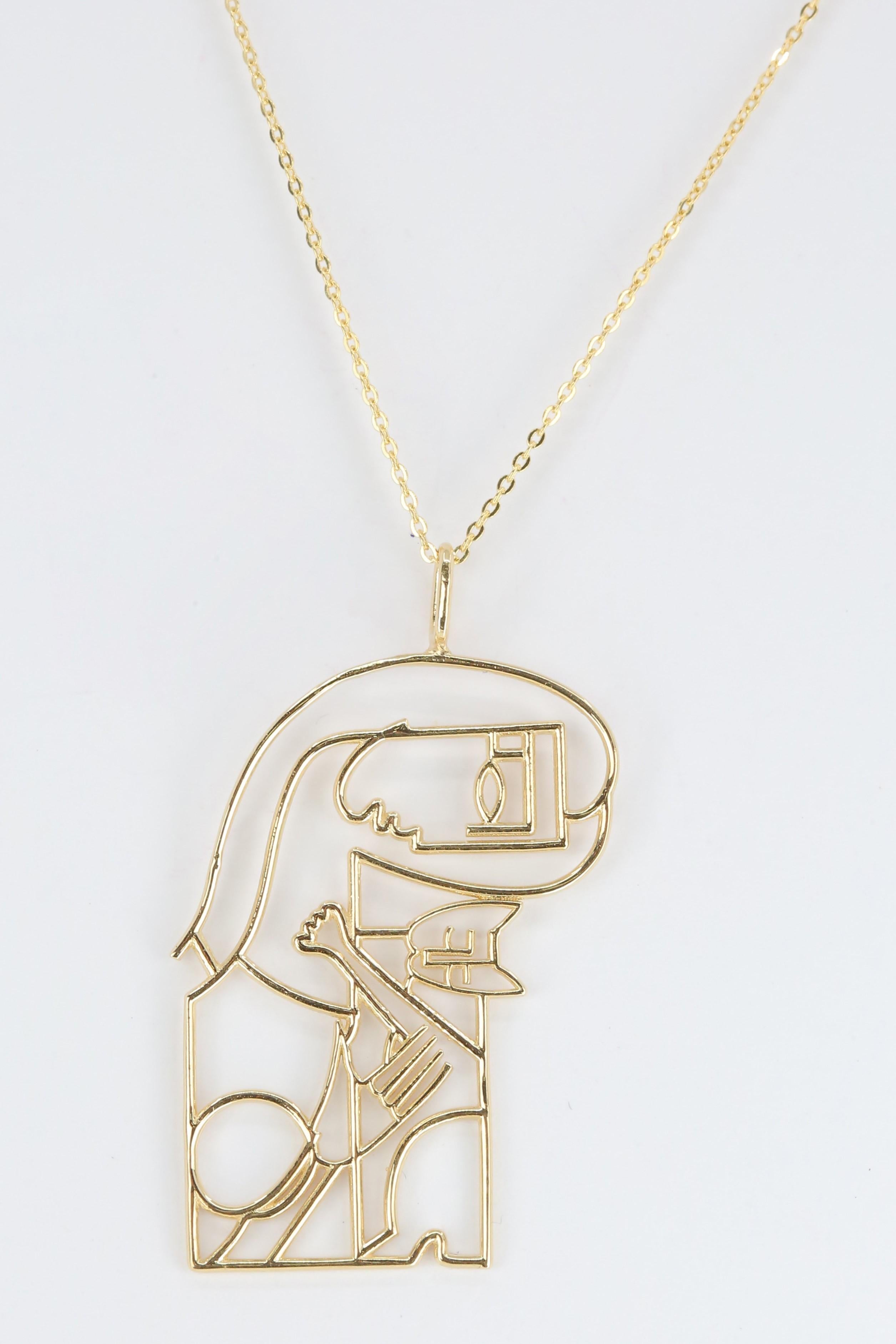 Modern 14K Gold Woman with a Cat Pendant Necklace, Inspired by Jiri Petr For Sale