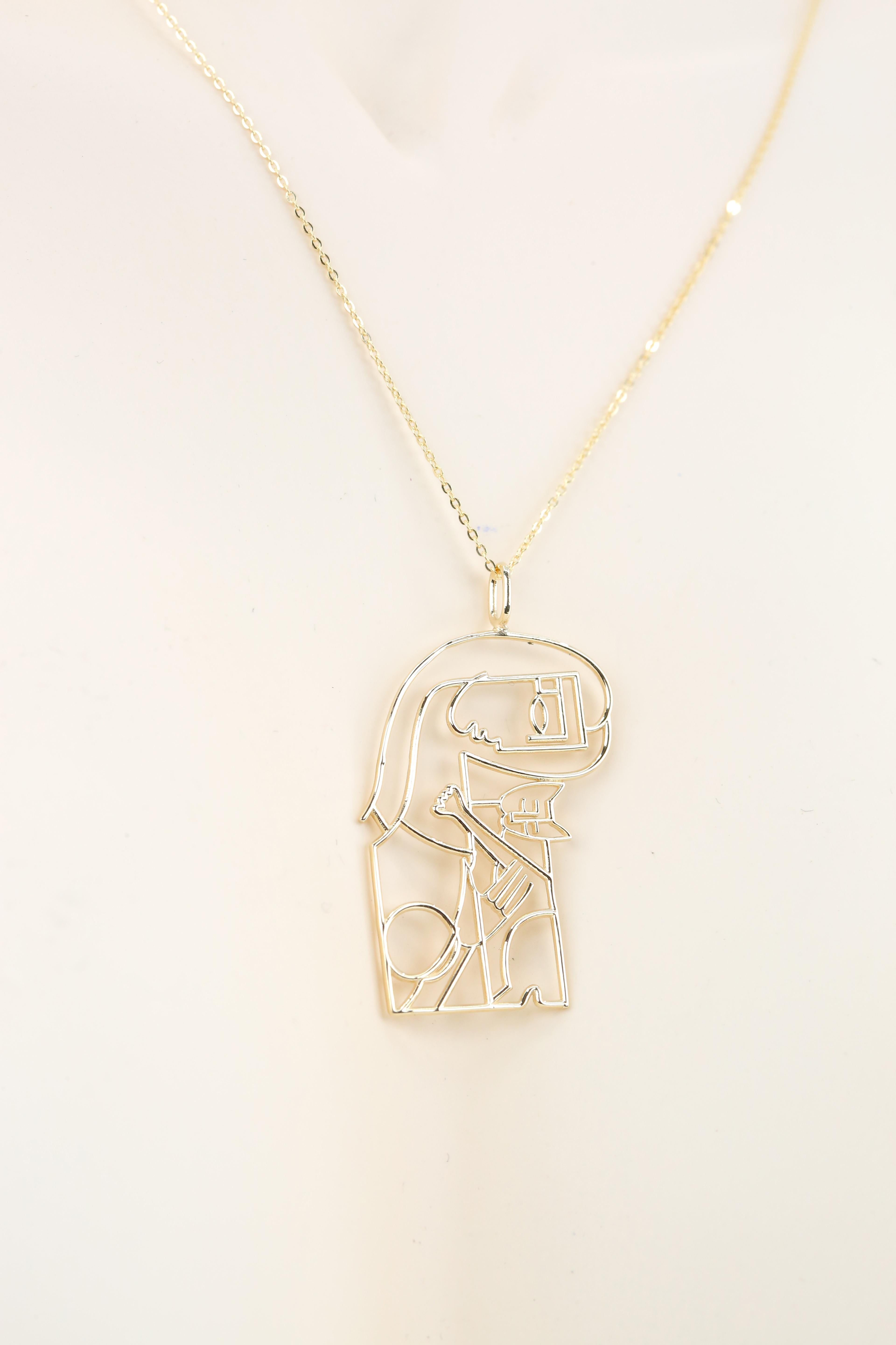 14K Gold Woman with a Cat Pendant Necklace, Inspired by Jiri Petr In New Condition For Sale In ISTANBUL, TR