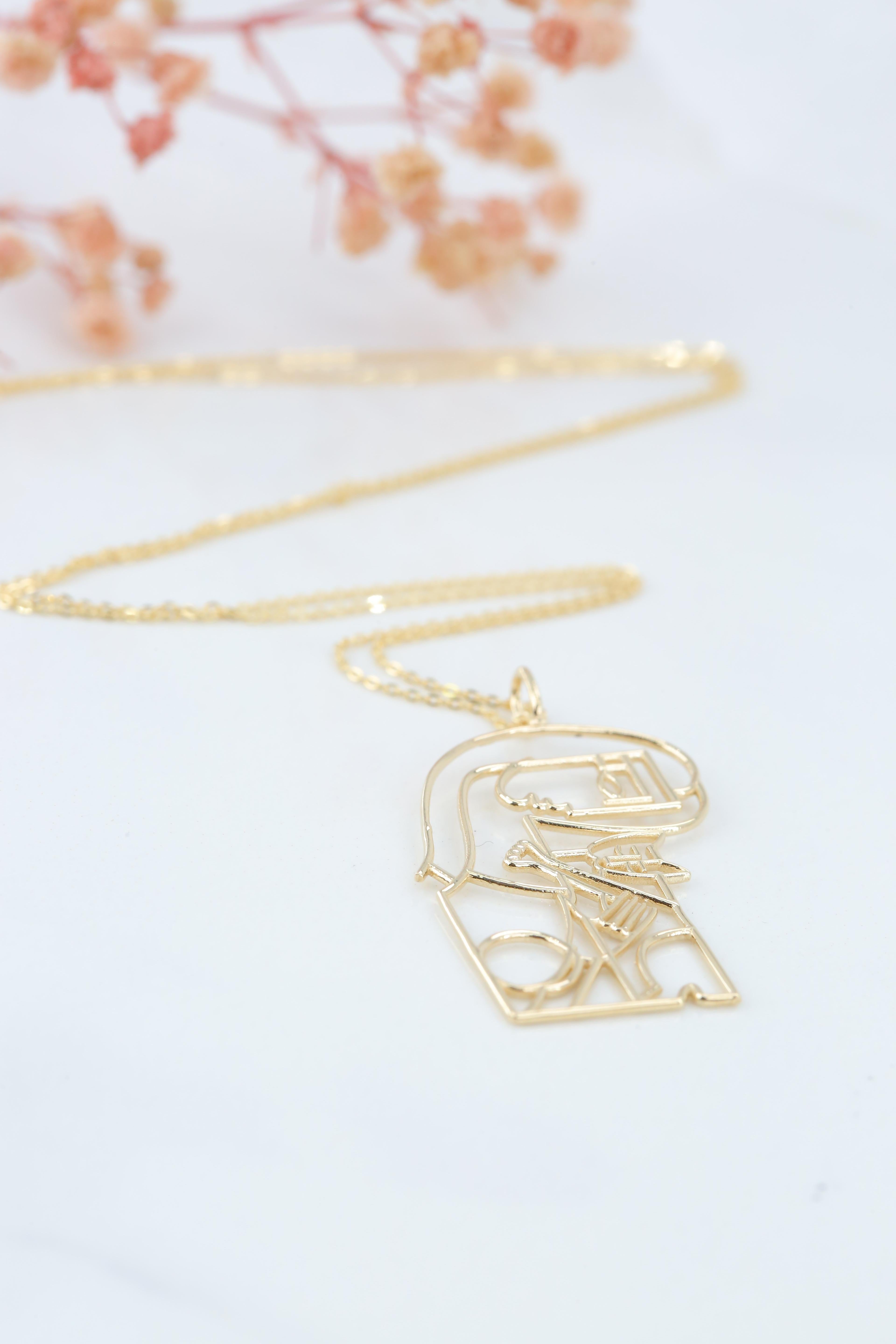 14 Karat Gold Frau mit Katzenanhänger-Halskette, inspiriert von Jiri Petr im Angebot 1