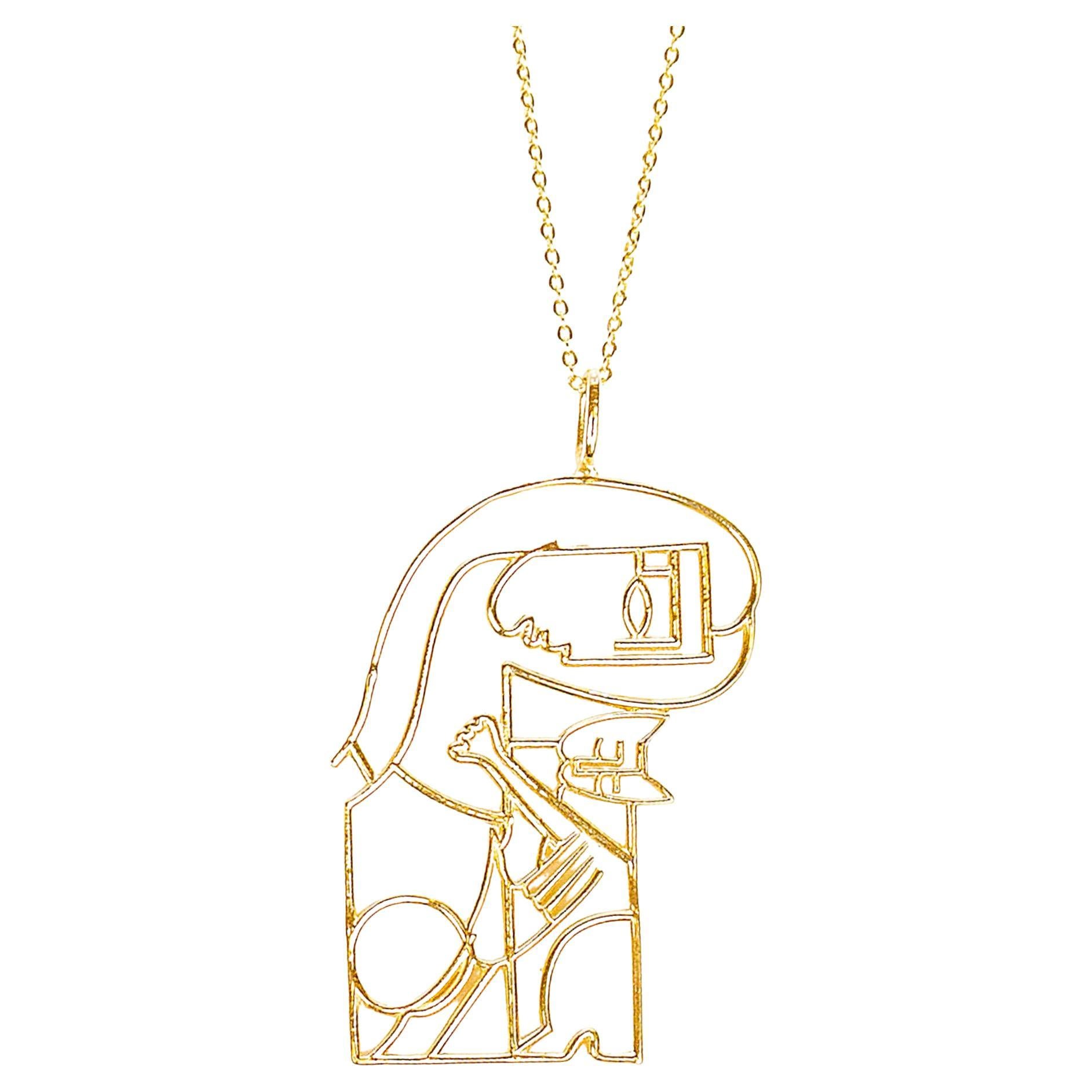 14K Gold Woman with a Cat Pendant Necklace, Inspired by Jiri Petr For Sale