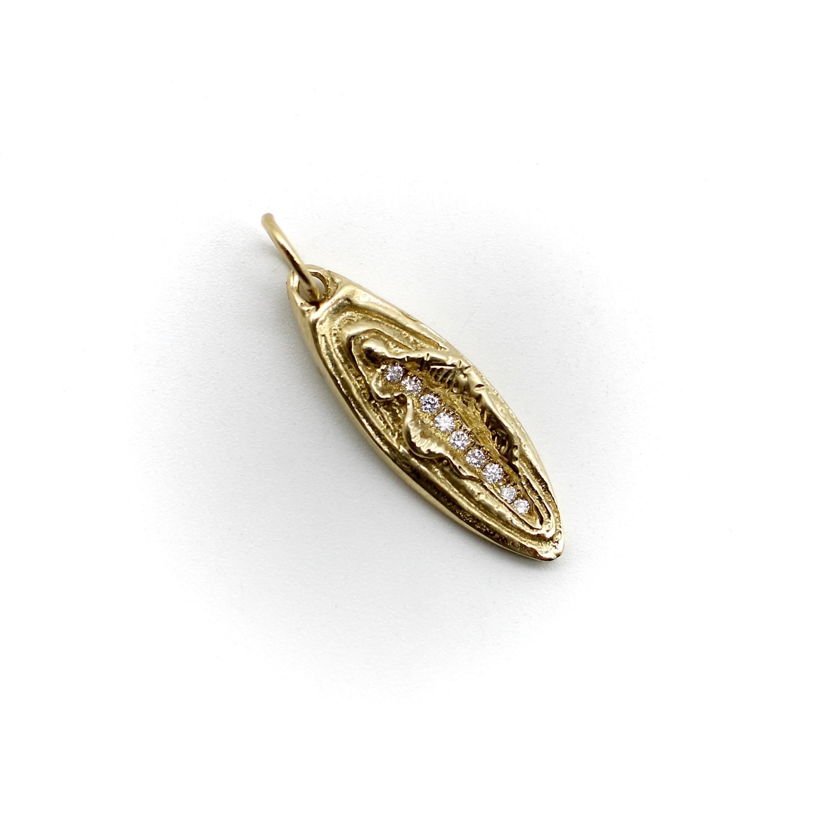 When we found a vintage charm in the shape of a vulva, we thought it was the perfect symbol of empowerment and decided to create a version of the piece for our Signature Collection. The pendant is cast in 14k gold, with nine beautiful round cut