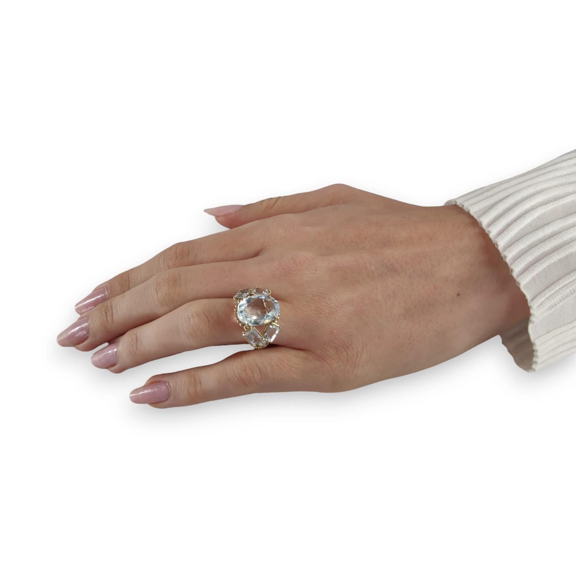 14K Gold Women's Ring featuring 10.32 Carat Topaz, Aquamarine, and certified natural diamonds. This luxurious cocktail ring combines elegance with certified gemstones, perfect for any special occasion or as a statement piece.
Technical