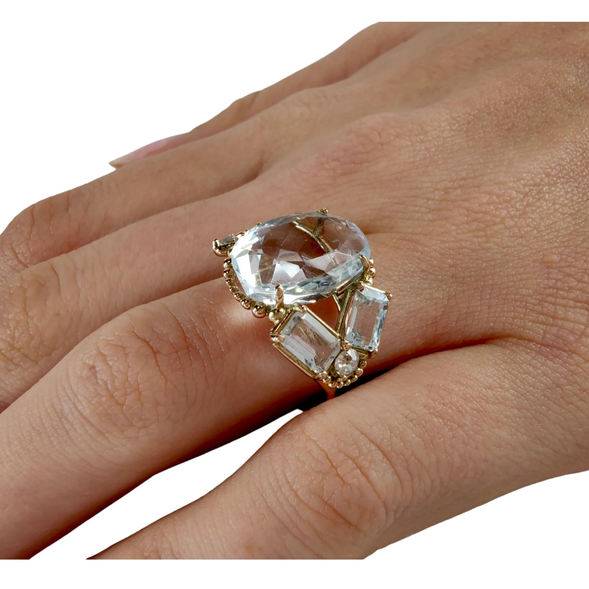 Contemporary 14K Gold Women's Ring, 10.32 Carat Topaz Aquamarine Diamond, Certified Cocktail