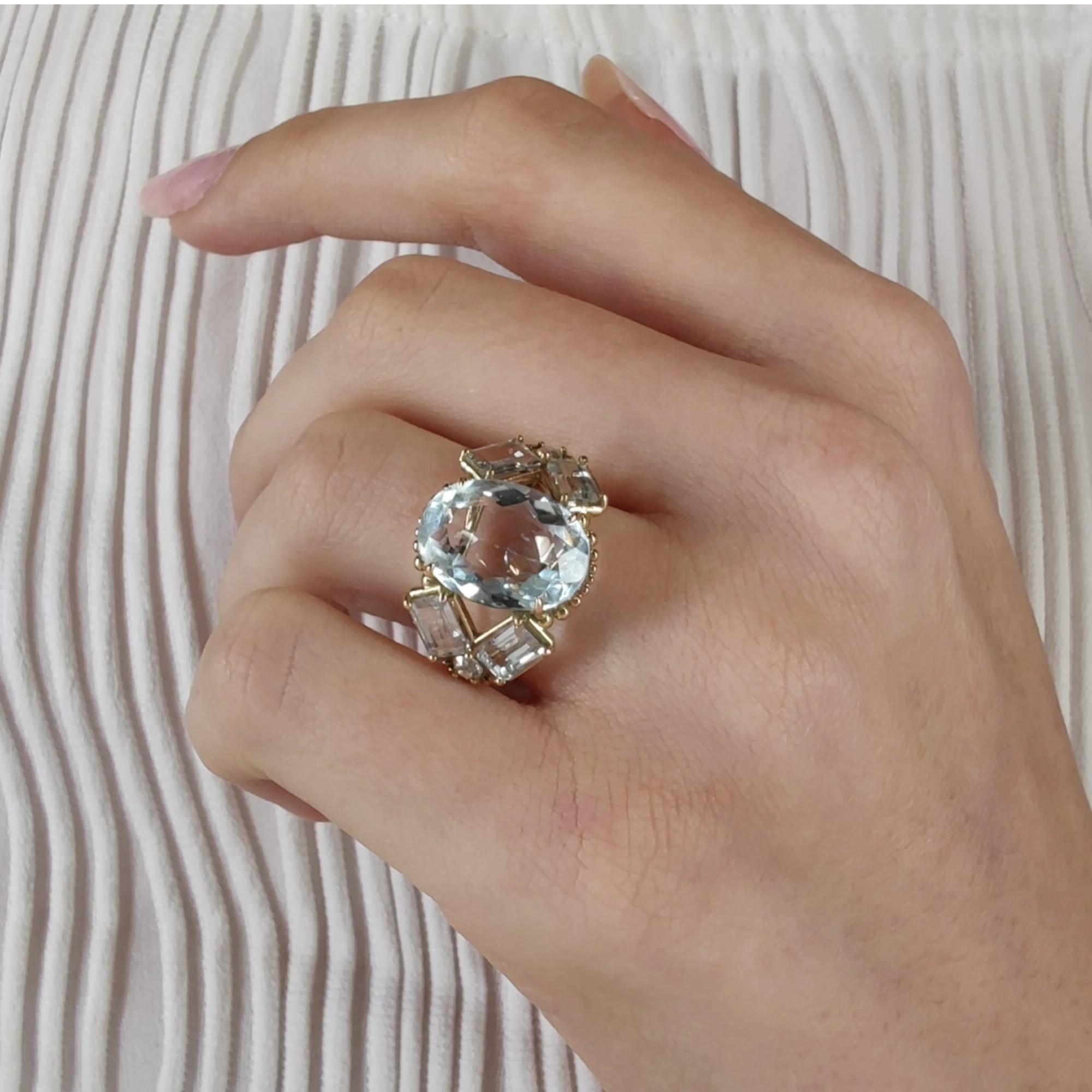 14K Gold Women's Ring, 10.32 Carat Topaz Aquamarine Diamond, Certified Cocktail In New Condition In Sant Josep de sa Talaia, IB