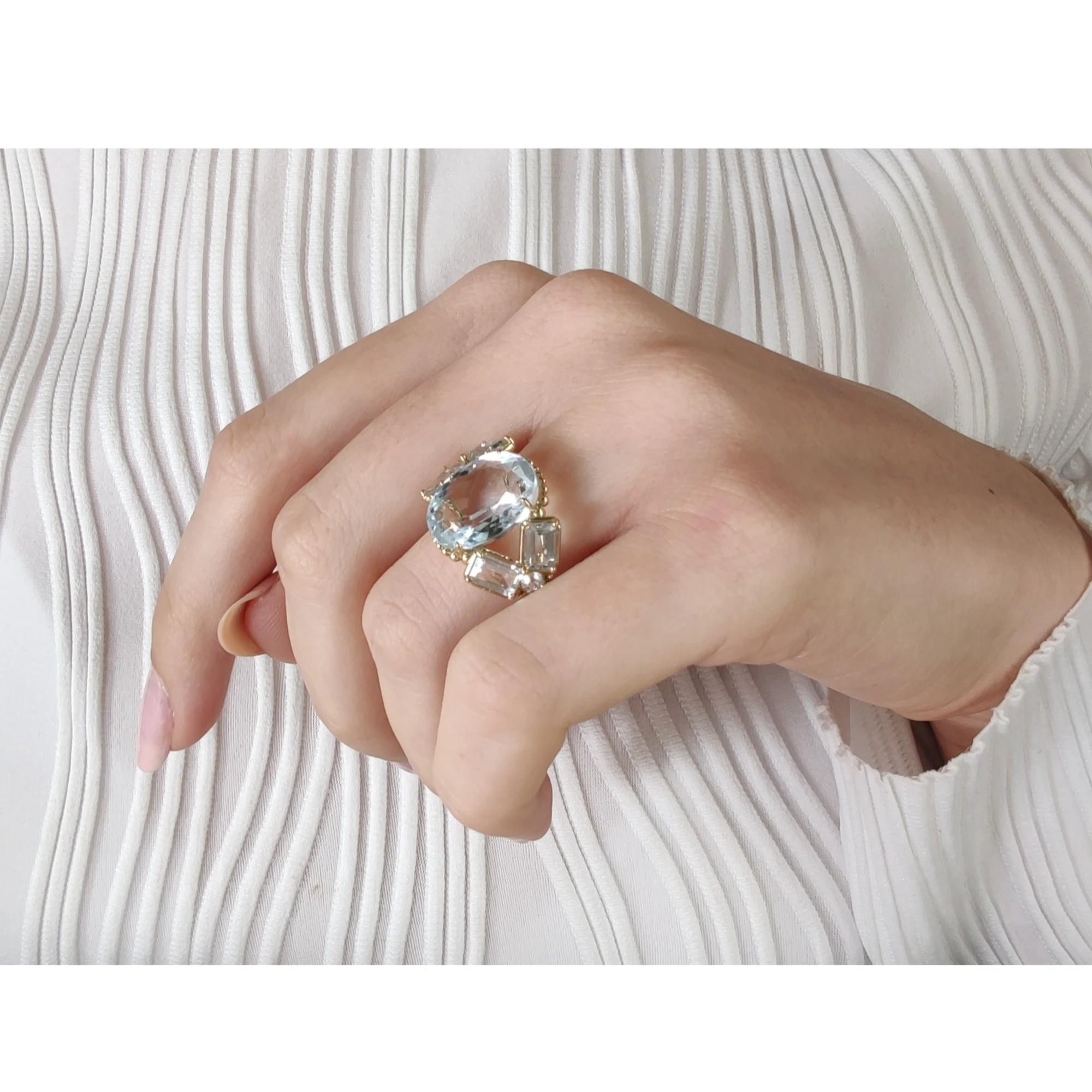 14K Gold Women's Ring, 10.32 Carat Topaz Aquamarine Diamond, Certified Cocktail 1