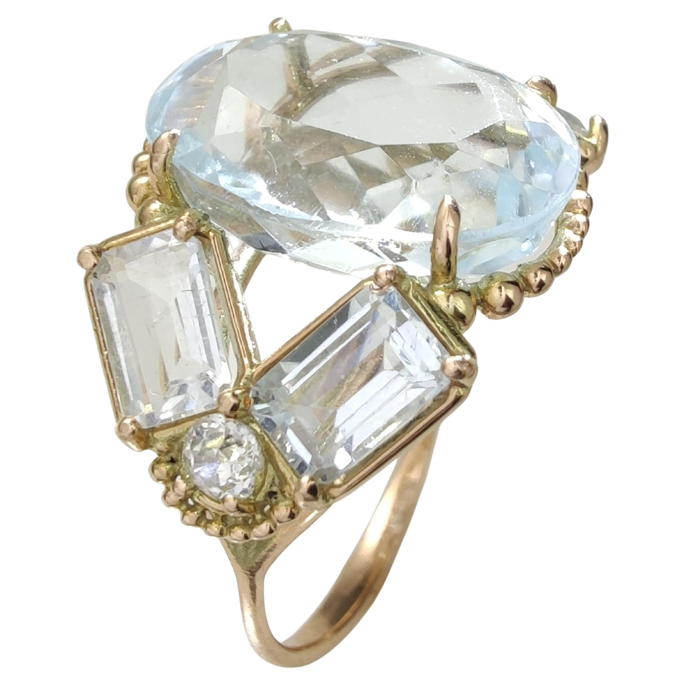 Bague pour femme en or 14 carats, topaze, aigue-marine et diamant certifiés, cadeau idéal