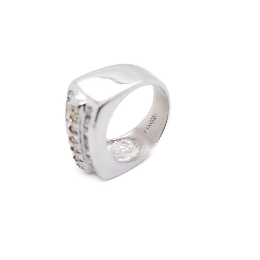 14K Gold, Yellow Diamond, & White Diamond Men's Rectangular Signet Style Ring For Sale 6