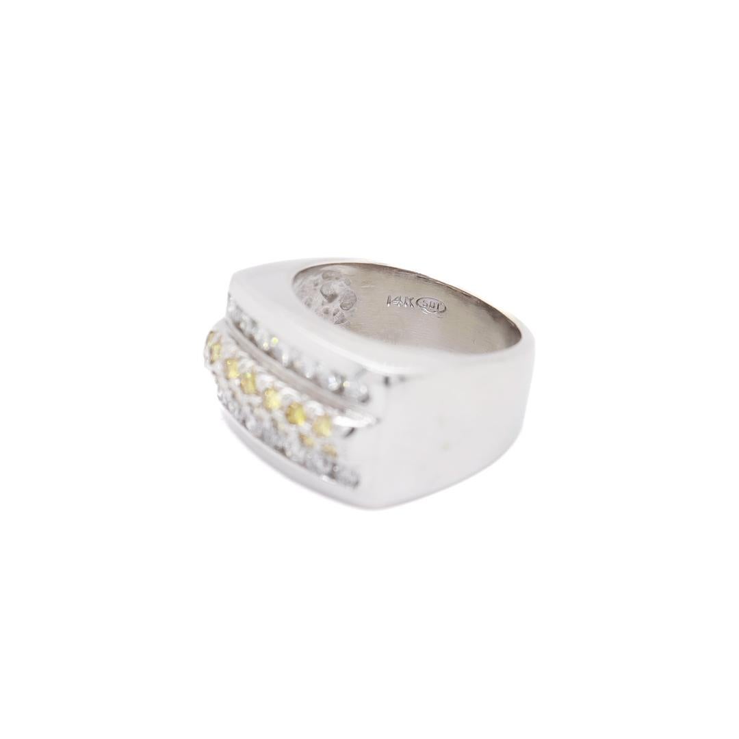 14K Gold, Yellow Diamond, & White Diamond Men's Rectangular Signet Style Ring For Sale 8